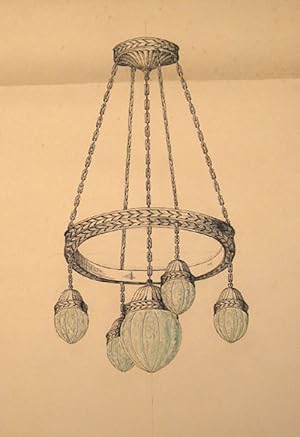 Original pen and blue watercolor design for five light ceiling lighting fixture