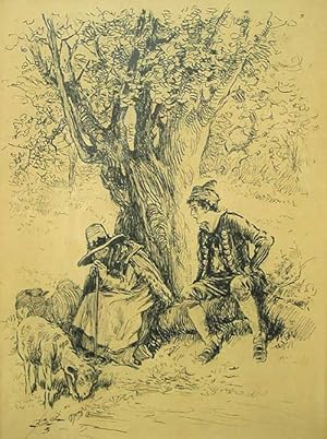 Pen and Ink Drawing depicting a shepherdess and young man in period costume under a tree, with sh...