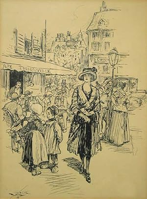 Pen and Ink Drawing depicting a Fashionable Lady standing in Front of a Parisian Café