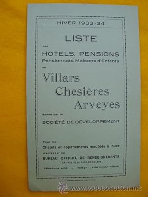 Folleto Turismo - Tourist Brochure : LISTE DES HOTELS, PENSIONS de VILLARS, CHESIÈRES, ARVEYES