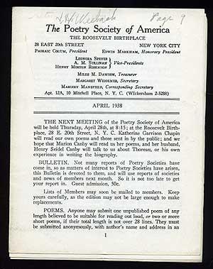 Bild des Verkufers fr The Poetry Society of America Bulletin: April 1938 zum Verkauf von Between the Covers-Rare Books, Inc. ABAA
