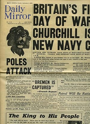 Imagen del vendedor de The Daily Mirror Lead Story on Front Page 'Britain's First Day of War: Churchill is New Navy Chief' a la venta por Little Stour Books PBFA Member