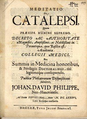 Imagen del vendedor de Meditatio de catalepsi / quam . pro summis in medicina honoribus & privilegiis doctoralibus, rite legitimeque consequendis. Publicae . disquisitioni submittit, Iohann. David Philippe, Neo-Hanoviensis. a la venta por Antiq. F.-D. Shn - Medicusbooks.Com