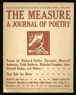 Bild des Verkufers fr The Measure: A Journal of Poetry: September 1922 zum Verkauf von Between the Covers-Rare Books, Inc. ABAA