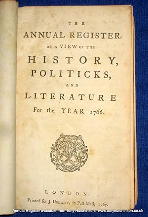 Immagine del venditore per The Annual Register or A View of The History, Politicks And Literature of The Year 1766. (or Politics.) venduto da Tony Hutchinson