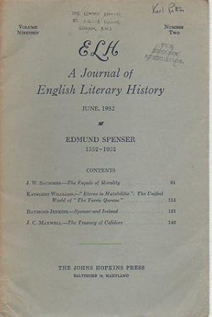 Seller image for ELH: A Journal of English Literary History 19(2 & 3) June & September, 1952: Edmund Spenser 1552-1952 for sale by Bookfeathers, LLC