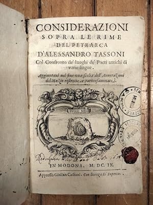 Immagine del venditore per Considerazioni sopra le rime del Petrarca. Col confronto de' luoghi de' poeti antichi di varie lingue. Aggiuntavi nel fine una scelta dell'annotazioni del Muzio ristrette, e parte esaminate. venduto da Libreria M. T. Cicerone