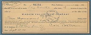 Cole Porter Signed Check. Printed and manuscript D.S., oblong 8vo, Peru, Indiana, March 18, 1944,...