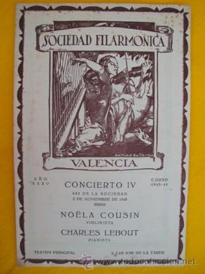 Seller image for Programa - Program : Sociedad Filarmnica de Valencia - NOLA COUSIN, CHARLES LEBOUT - 5 noviembre 1945 for sale by Librera Maestro Gozalbo