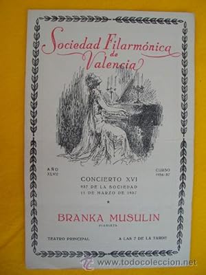 Seller image for Programa - Program : Sociedad Filarmnica de Valencia - BRANKA MUSULIN - 11 marzo 1957 for sale by Librera Maestro Gozalbo