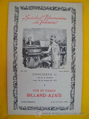 Seller image for Programa - Program : Sociedad Filarmnica de Valencia - DUO DE PIANOS BILLARD - AZAS - 28 octubre 1974 for sale by Librera Maestro Gozalbo