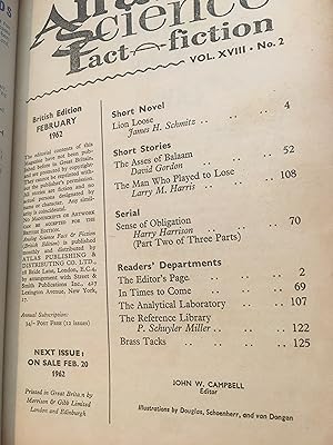 Bild des Verkufers fr Analog. February 1962. Science Fact & Fiction Magazine. Volume XVIII. No. 2. BRITISH EDITION zum Verkauf von SAVERY BOOKS