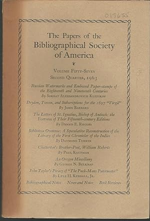 Seller image for The Papers of the Bibliographical Society of America: Volume Fifty-Seven (57), No. 2; Second Quarter, April-June, 1963: for sale by Dorley House Books, Inc.