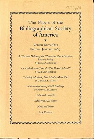 Seller image for The Papers of the Bibliographical Society of America: Volume Sixty-one (61), No. 2, Second Quarter, April-June, 1967 for sale by Dorley House Books, Inc.