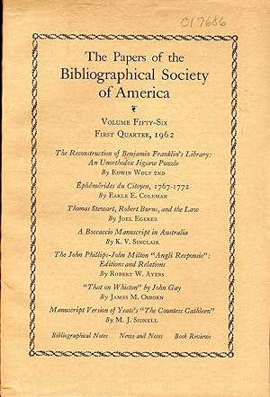 Seller image for The Papers of the Bibliographical Society of America: Volume Sixty-Six (56), No. 1, First Quarter, January-March, 1962 for sale by Dorley House Books, Inc.