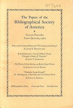 Seller image for The Papers of the Bibliographical Society of America: Volume Fifty-Six (56), No.3 , Third Quarter, July-September, 1962 for sale by Dorley House Books, Inc.