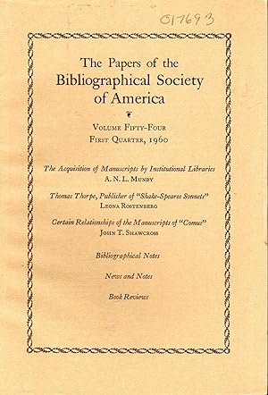 Imagen del vendedor de The Papers of the Bibliographical Society of America: Volume Fifty-Four (54), No 1 , First Quarter, January-March, 1960 a la venta por Dorley House Books, Inc.
