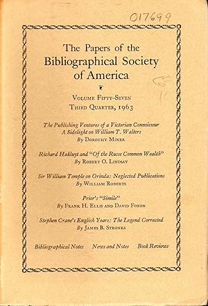 Imagen del vendedor de The Papers of the Bibliographical Society of America: Volume Fifty-Seven (57), No 1 , First Quarter, July-September, 1963 a la venta por Dorley House Books, Inc.