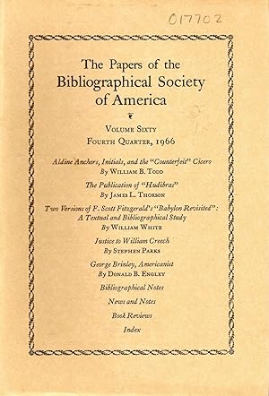 Seller image for The Papers of the Bibliographical Society of America: Volume Sixty (60), No 4 , Fourth Quarter, October-December, 1966 for sale by Dorley House Books, Inc.