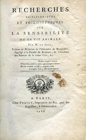 Immagine del venditore per Recherches phisiologiques et philosophiques sur la sensibilit ou la vie animale venduto da Gilibert Libreria Antiquaria (ILAB)
