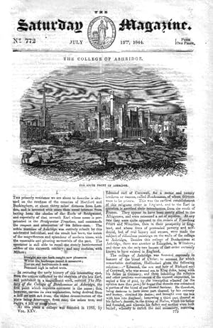 The Saturday Magazine No 772 July 1844 including the COLLEGE of ASHRIDGE, (pt 1), + ASYLUM or RIG...