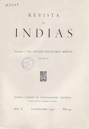 Bild des Verkufers fr REVISTA DE INDIAS AO X. N 41. JULIO-SEPTIEMBRE 1950 zum Verkauf von Librera Torren de Rueda