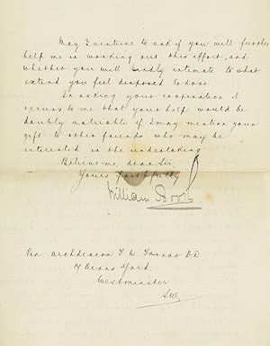 Holograph Letter (in secretarial hand), signed ("William Booth") by Booth, to Archdeacon F.W. Farrar