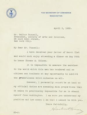 Seller image for Typed Letter, signed, as Secretary of Commerce, to Walter Russell, sculptor and painter, and President of the Society of Arts and Sciences, declining an invitation to a dinner in honor of THOMAS EDISON for sale by James Cummins Bookseller, ABAA