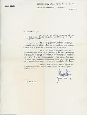 Seller image for Typed Letter Signed, in Spanish with translation, to Lawrence A. Flockhart (Juan Domingo, 1895-1974, President of Argentina 1946-1955 and 1973-1974) for sale by Sophie Dupre  ABA ILAB PADA