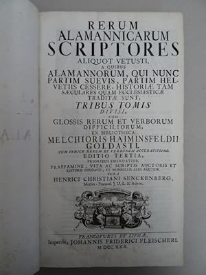 Bild des Verkufers fr Rerum alamannicarum Scritores. Hrsg. von H.C. von Senckenberg. 3. Aufl. 3 in 1 Band. Frankfurt u. Leipzig, Fleischer, 1730. 9 Bll., 26 S., 6 Bll., 256 S., 11, 2 Bll., 168 S., 2, 8 Bll., 165 S., 5 Bll. Mit Holzschnittvignetten. Folio. Halblederband d. Zt. mit Rckenblindprgung (Ecken etw. bestoen). zum Verkauf von Antiquariat Daniel Schramm e.K.