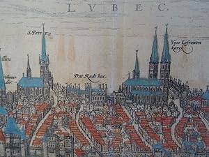 Lubeca urbs imperialis libera,. Altkolorierter Kupferstich von Braun und Hogenberg. Um 1572. 15,5...