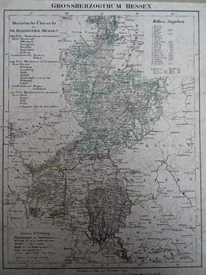 Grossherzogthum Hessen. Grenzkolor. lithogr. Karte bei Flemming. Glogau, um 1855. 39,5 x 30,5 cm.