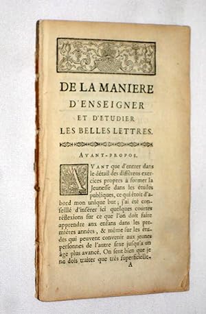 Image du vendeur pour De La Maniere D'Enseigner Et D'Etudier Les Belles Lettres. mis en vente par Tony Hutchinson
