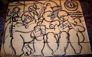 Grande encre de chine sur papier signée MARTINEZ - personnages en noir et blanc