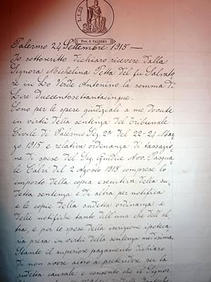 " Palermo 24 settembre 1915 Io Sottoscritto Vincenzo Di Paola Leone dichiaro di ricevere dalla Si...