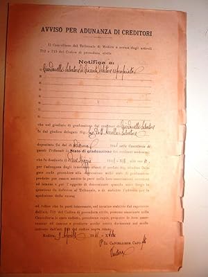 " Regno d'Italia - Tribunale Civile di Modica AVVISO ADUNANZA DEI CREDITORI Modica 9 Aprile 1941"