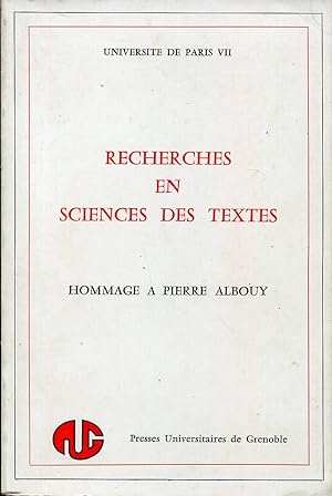 Seller image for Recherches en sciences des textes, hommage  Pierre Albouy for sale by Sylvain Par