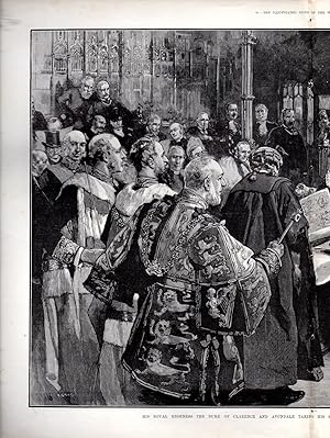 Immagine del venditore per ENGRAVING: "His Royal Highness the Duke of Clarence and Avondale Taking His Seat in the House of Lords: Reading the Patent" .engravings from The Illustrated London News, July 19, 1890 venduto da Dorley House Books, Inc.