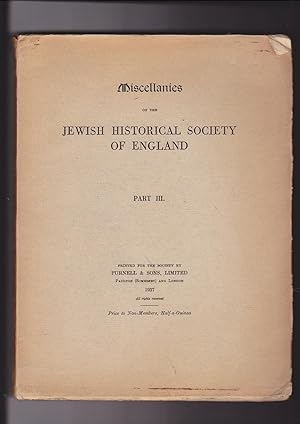 Seller image for Miscellanies of the Jewish Historical Society of England Part III for sale by Meir Turner