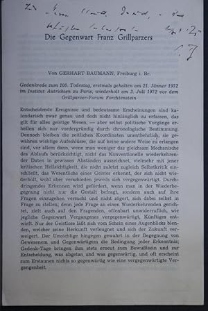 Bild des Verkufers fr Sonderdruck: "Die Gegenwart Grillparzers". Offprint from: zum Verkauf von Steven Wolfe Books