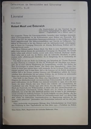 Image du vendeur pour Sonderdruck: "Robert Musil und sterreich". Offprint from: sterreich in Geschichte und Literatur, 11, 1967 mis en vente par Steven Wolfe Books