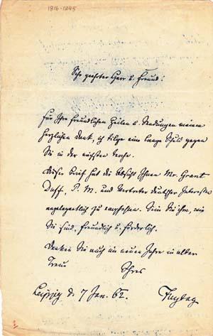 Autograph letter signed; "Freytag" to unnamed "Sehr geehrter Herr und Freund," January 7, 1862