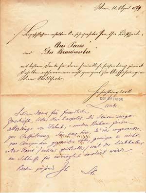Autograph letter signed; "Laube" to Gustav Karpeles, April 21, 1879