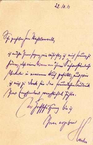 Autograph postcard signed; "Harden," to Richard Otto Frankfurter, October 22, 1913