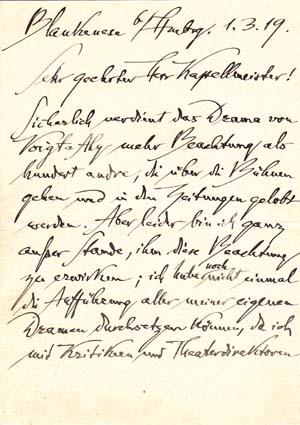 Autograph letter signed; "Dehmel" to an unnamed "Herr Kapellmeister," March 1, 1919