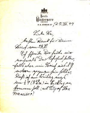 Autograph letter signed; "Otto," to Berta Kamm (his sister), December 2, 1947