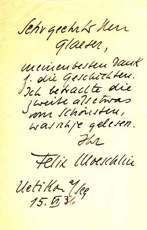 Autograph note signed; "Felix Moeschlin," to Ernst Glaeser, June 15, 1936