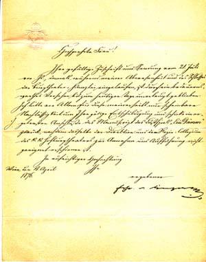 Letter signed; "Frhr v. Dingelstedt," to Ulla Frankfurter (unnamed), April 18, 1876
