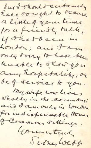 Autograph letter signed; "Sidney Webb," to Rose Hilferding, May 27, 1926
