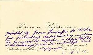 Autograph letter signed, with inscribed calling card; "Hermann Sudermann," to Joseph Kohler, Marc...